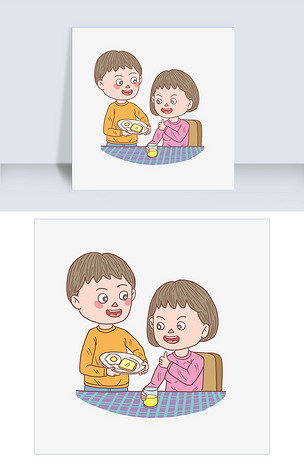 卡通手绘人物夫妻吃早餐