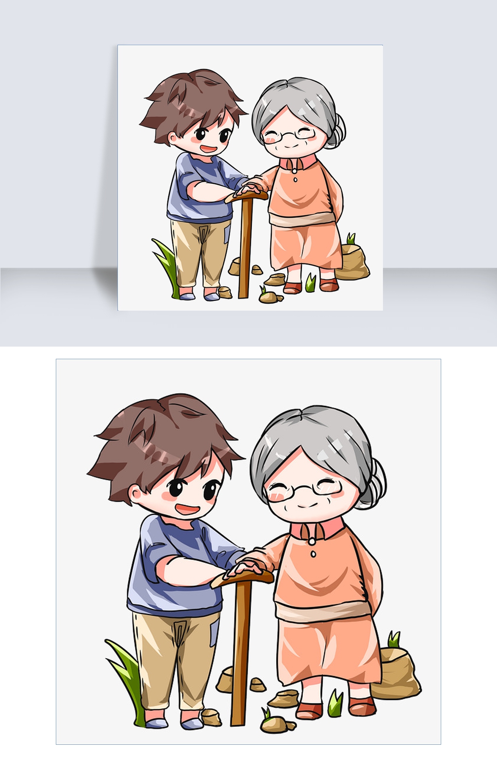 感恩节手绘卡通扶老奶奶插画