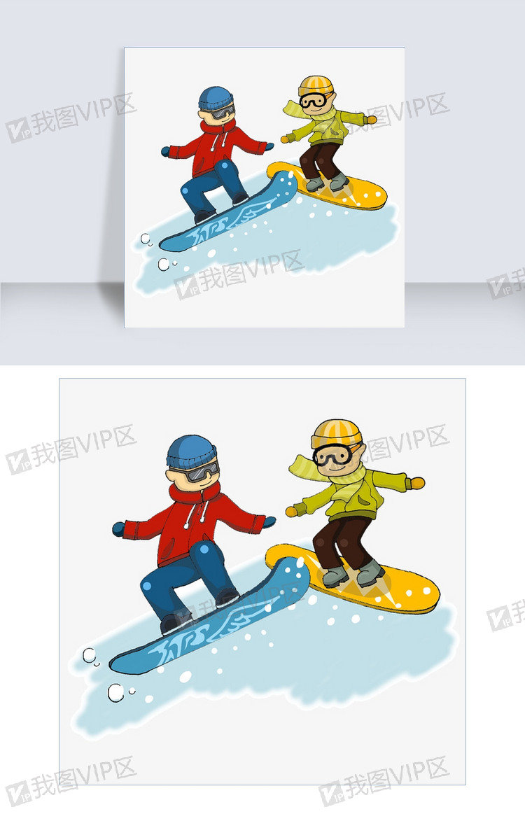 两个兄弟滑雪卡通手绘插画