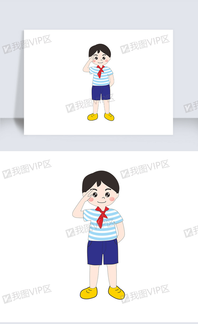 蓝色卡通可爱敬礼红领巾小男孩