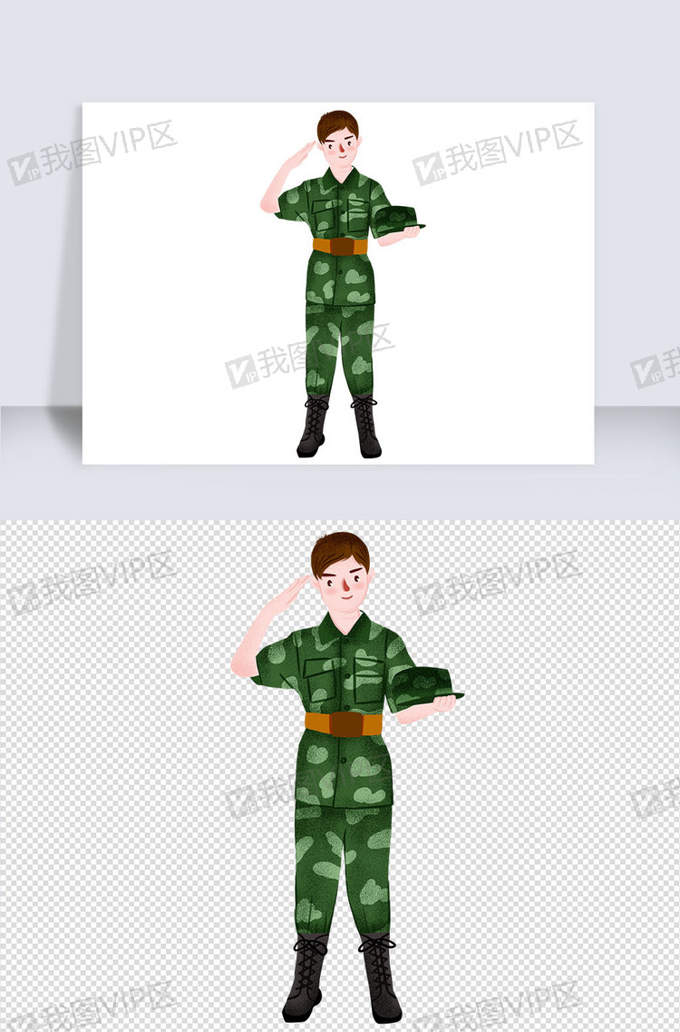 军人当兵军装敬礼卡通人物迷彩服
