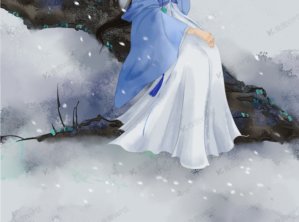 古风中国风梅花汉服撑伞女子古装插画.