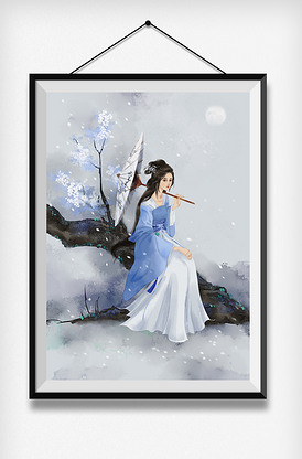 古风中国风梅花汉服撑伞女子古装插画.