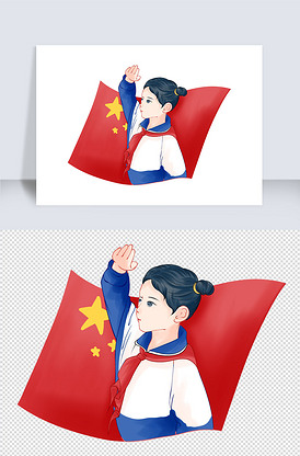 对红旗敬礼的女孩少先队员红领巾元素