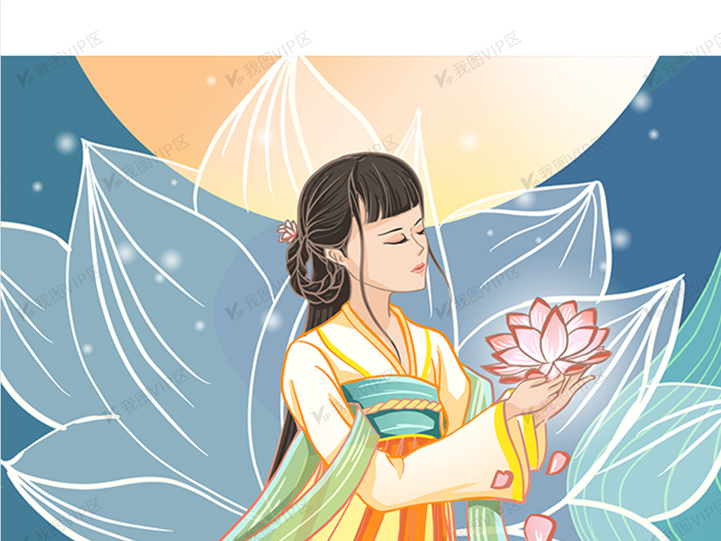 国潮中国风唯美古风美女荷花莲花插画