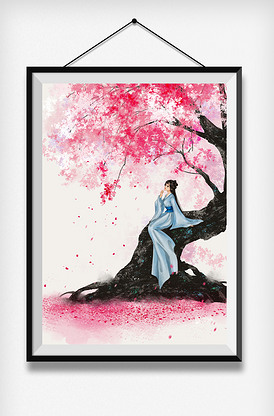 古风中国古代美女桃花樱花春天水墨水.
