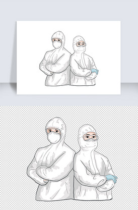 手绘新冠肺炎医护人员穿防护服相互加.