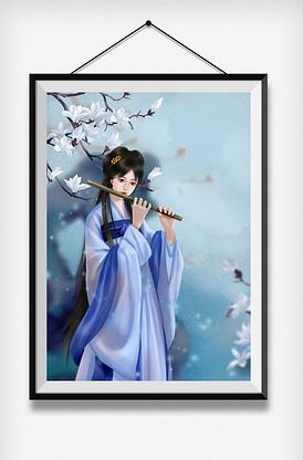 蓝色中国风古风汉服美女吹笛玉兰花插.