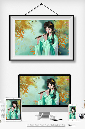 绿色古风汉服齐胸襦裙古代女子吹笛插.
