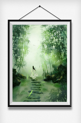 中国古风水墨画绿色竹林白衣美男唯美.