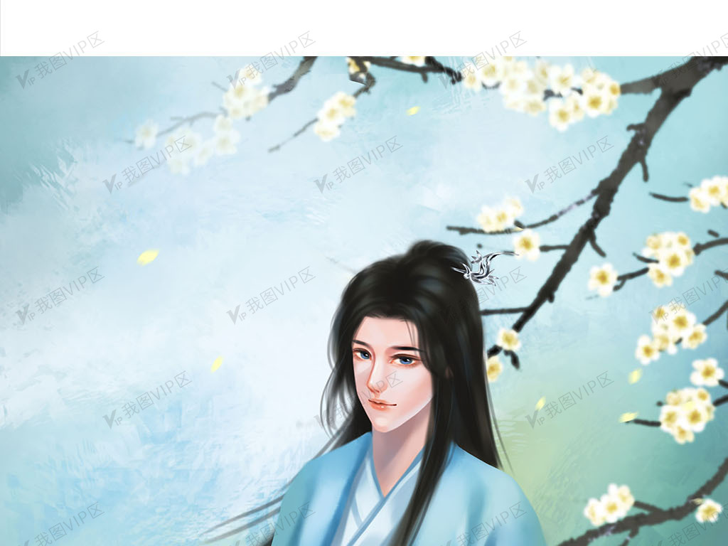 蓝色中国风古风美男折扇公子春天唯美.