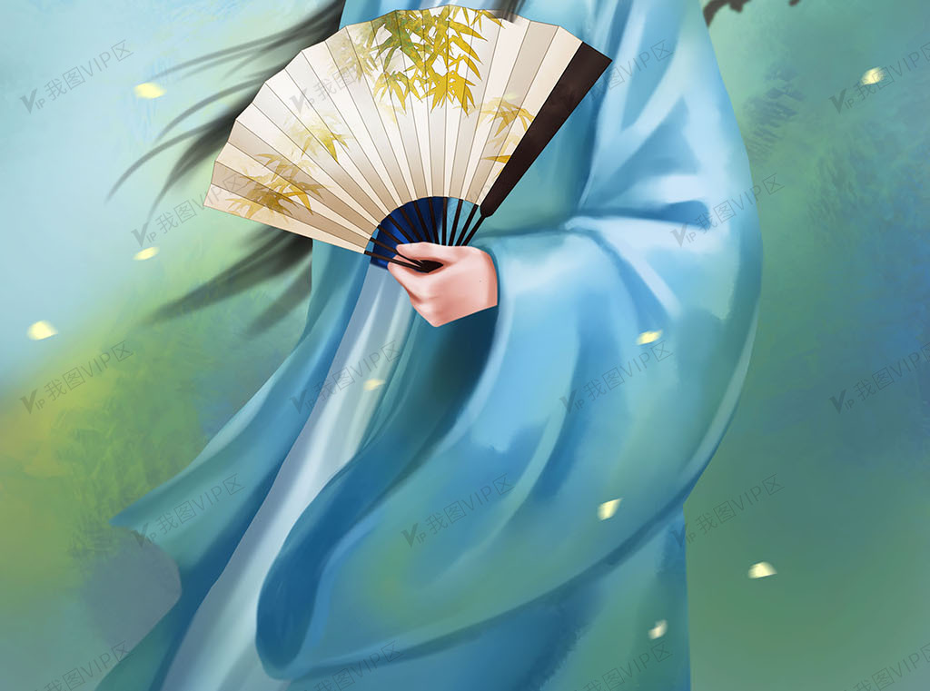蓝色中国风古风美男折扇公子春天唯美