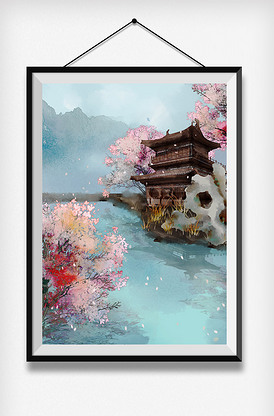 中国风水墨古风建筑古典园林水彩插画