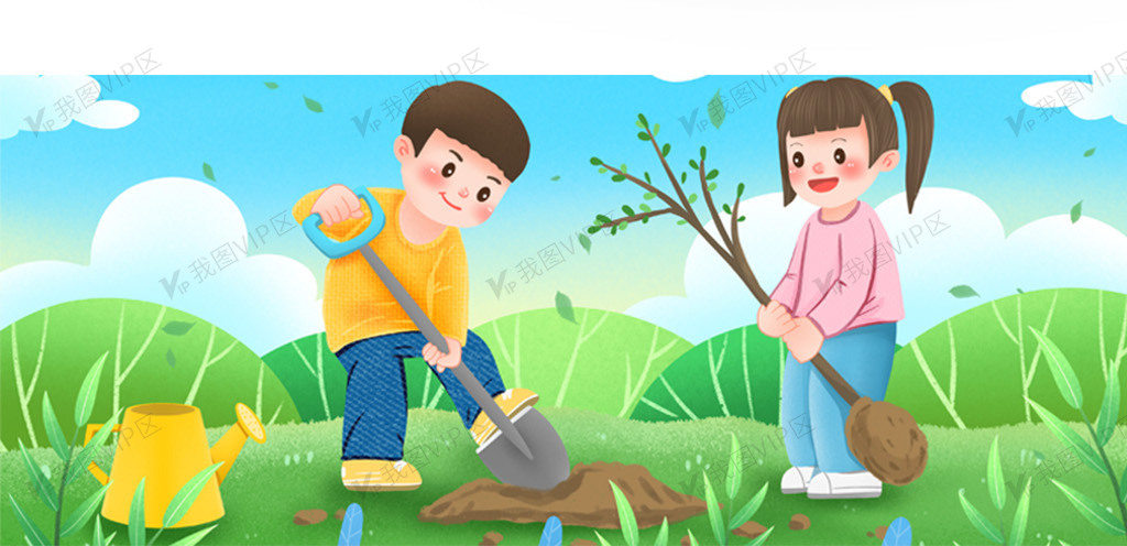 植树节在草地种树的男生女生