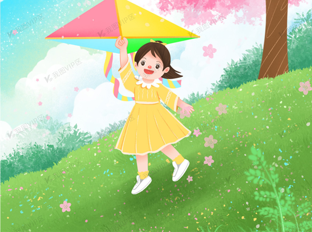 春天春分草地放风筝的女孩