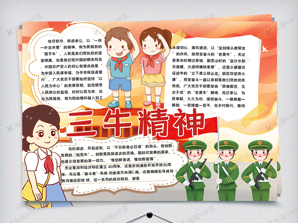军人卡通三牛精神手抄报图片素材(doc格式)免费下载