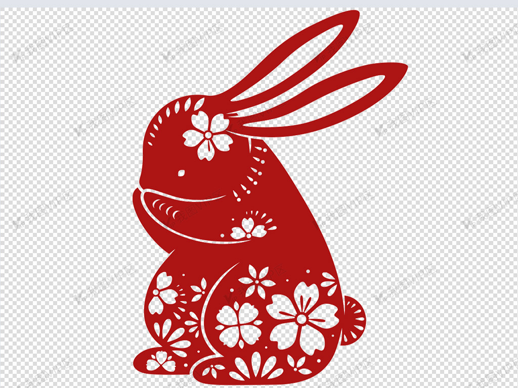 红色剪纸兔子素材中秋节设计元素