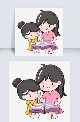 卡通手绘父母陪着孩子看书亲子妈妈和.