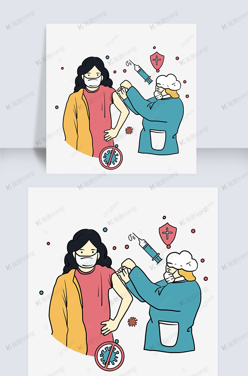 卡通黑发女性新冠疫苗注射插画