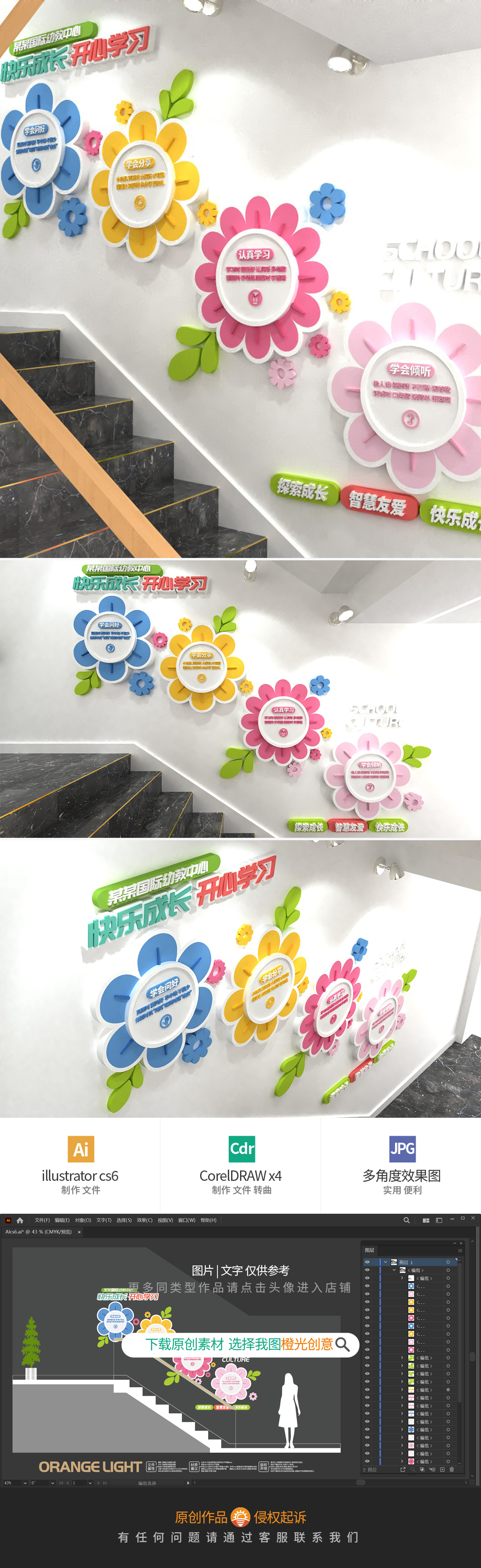 清爽花朵卡通校园楼梯文化墙走廊形象墙学校展板