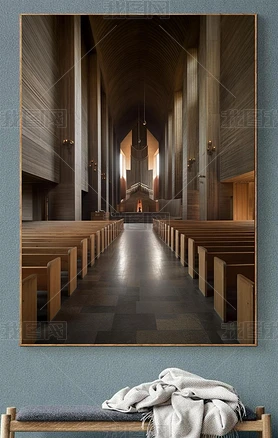 挪威Fjordanlaug木质教堂内部Ricardo Bofill风格银灰色与青铜色超凡光影效果