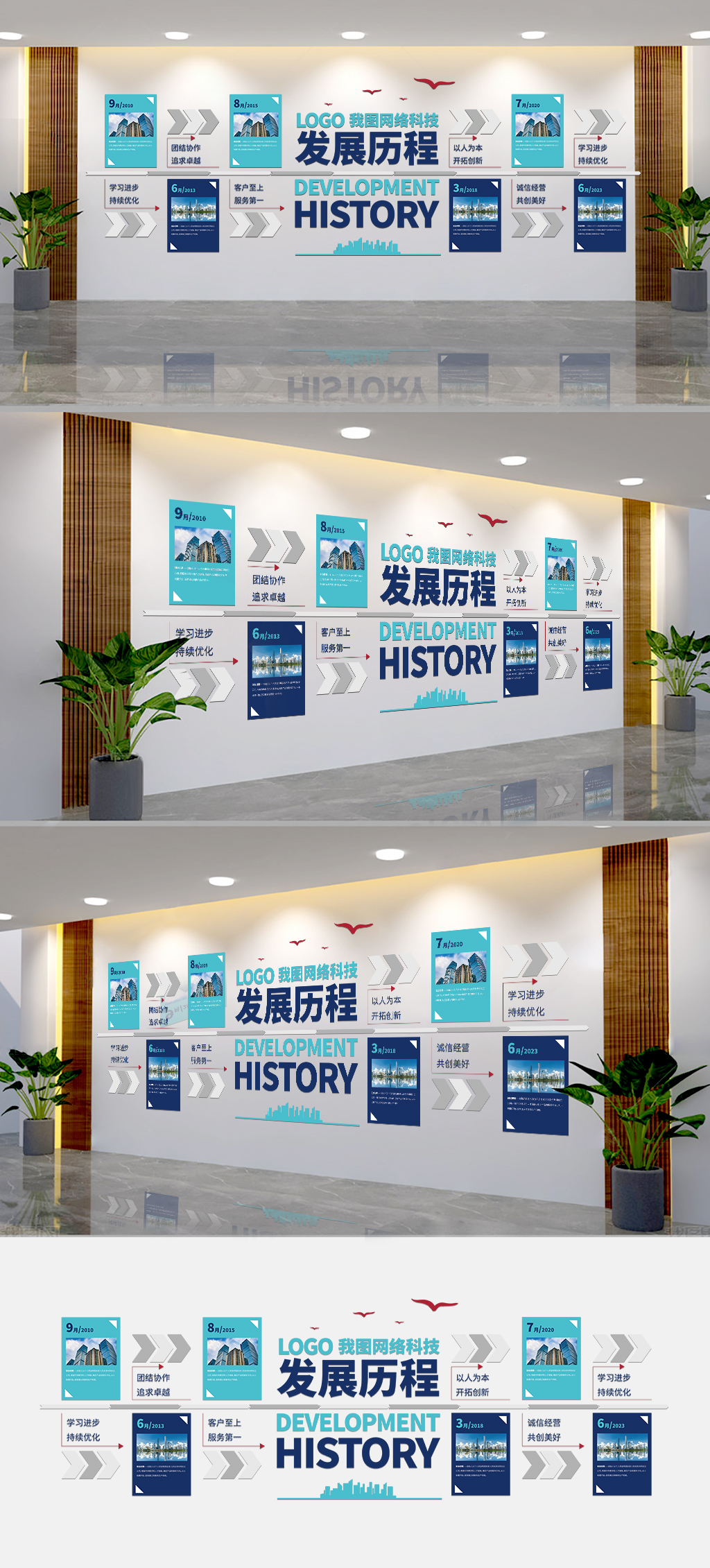 蓝色高端企业发展历程文化墙展示墙