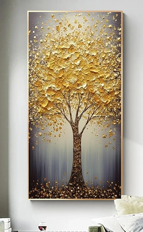 现代艺术金黄色发财树手绘玄关高级装饰画