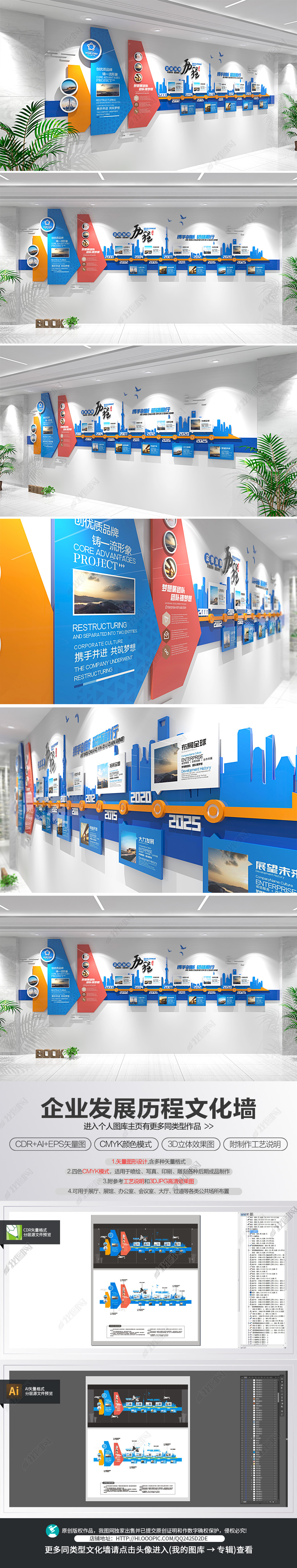 原创企业发展历程文化墙蓝色公司发展史形象墙-版权可商用