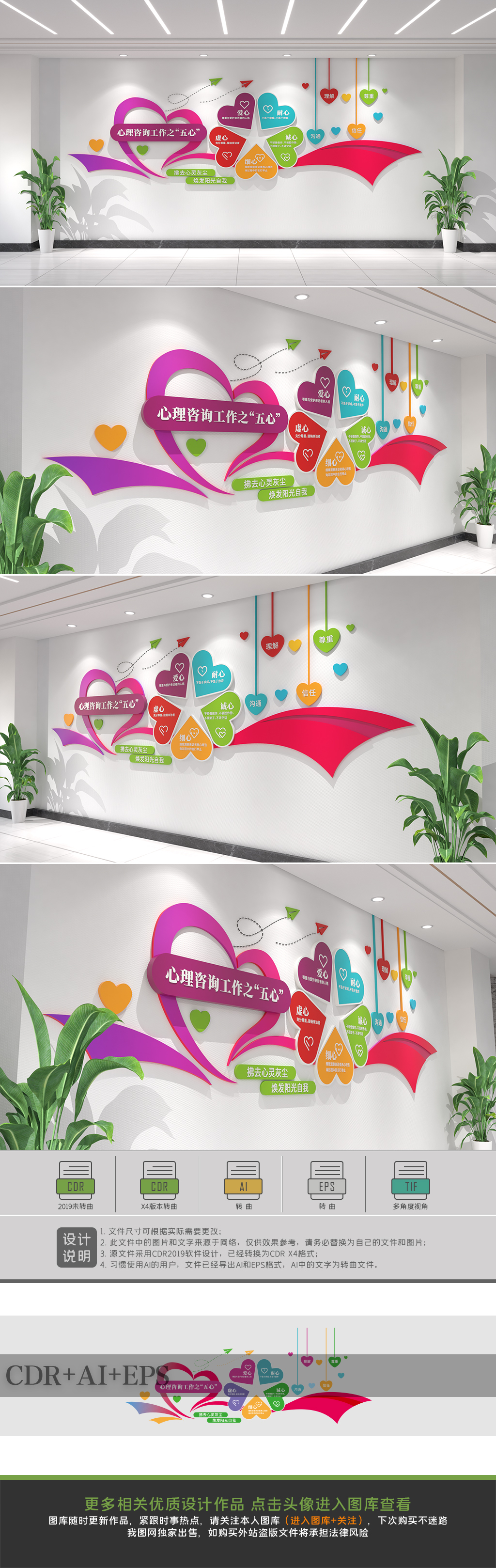 原创心理咨询工作文化墙心理咨询五心宣传文化墙-版权可商用