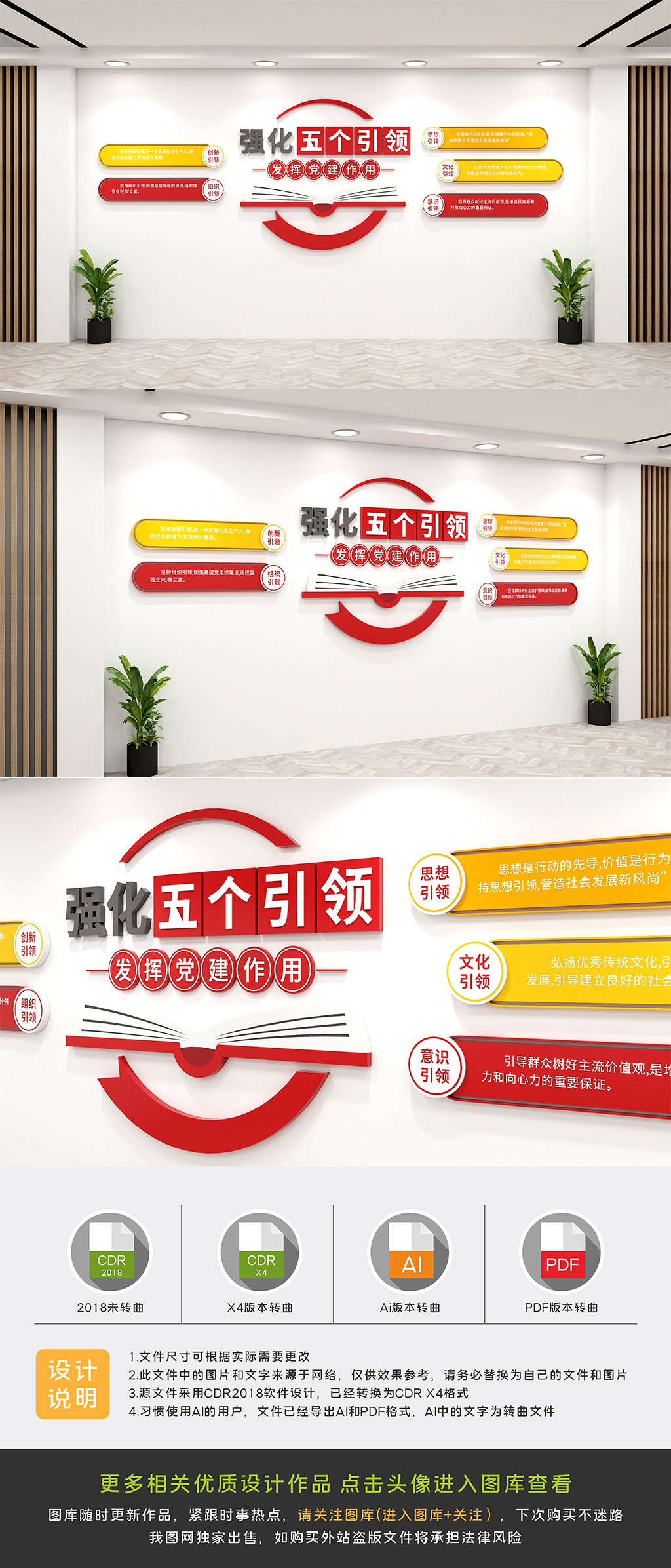原创党建引领五个引领文化墙模板