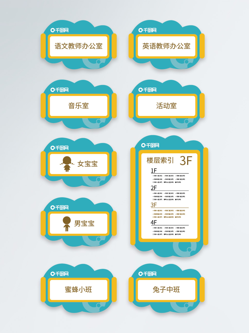 原创蓝黄色卡通可爱幼儿园VI导视牌指示牌-版权可商用