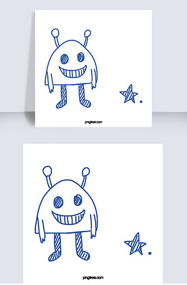 蓝色线描卡通外星人插画