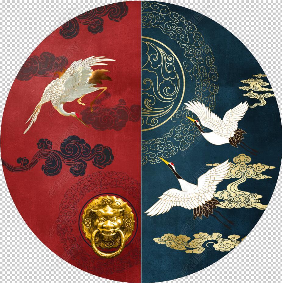 花纹图案新中式轻奢中国风仙鹤祥云半圆形圆形画民俗花纹图案家居数码
