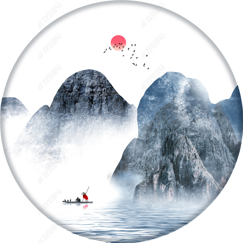 原创花纹图案-中国风云雾山水画挂画圆形小品画画花纹图案家居数码