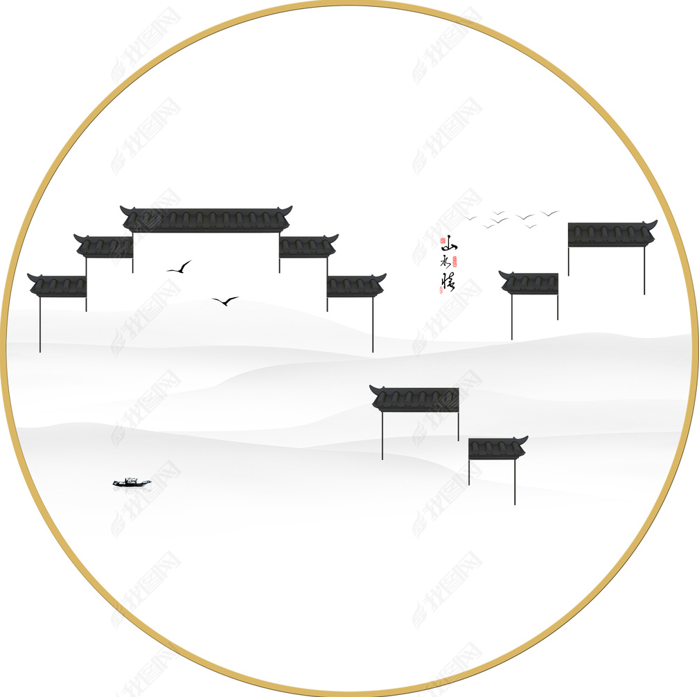 花纹图案-徽派马头墙圆形新中式马头墙框画花纹图案家居数码图案