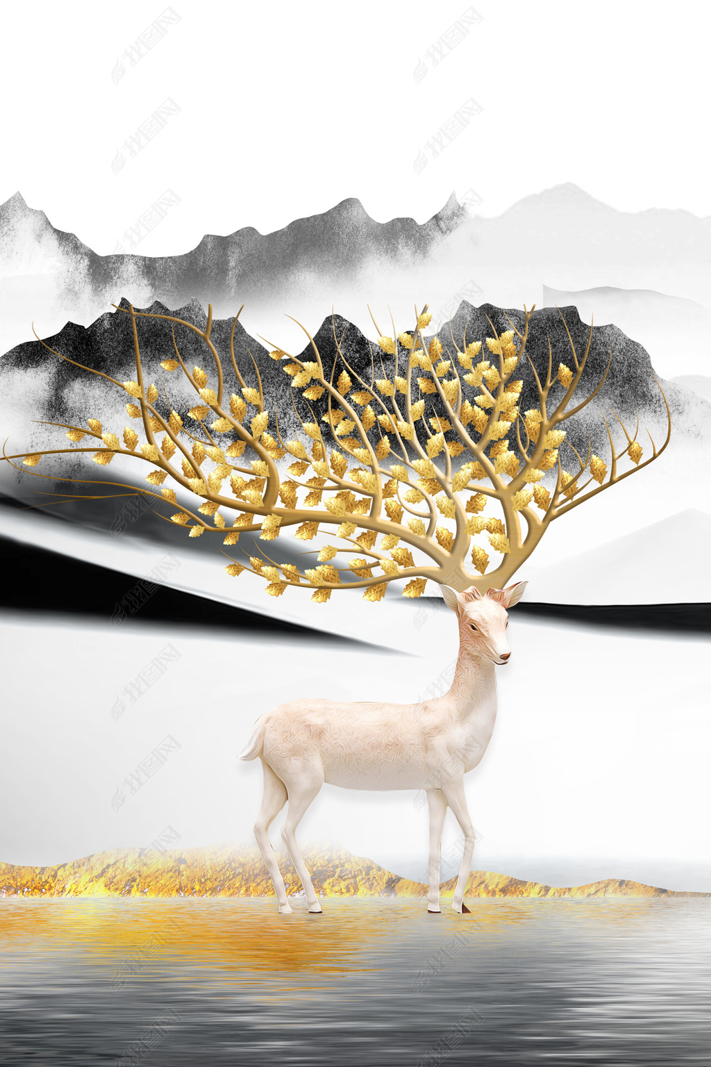 花纹图案原创现代简约抽象一帆风顺发财鹿麋鹿山水三联版权可商用花纹