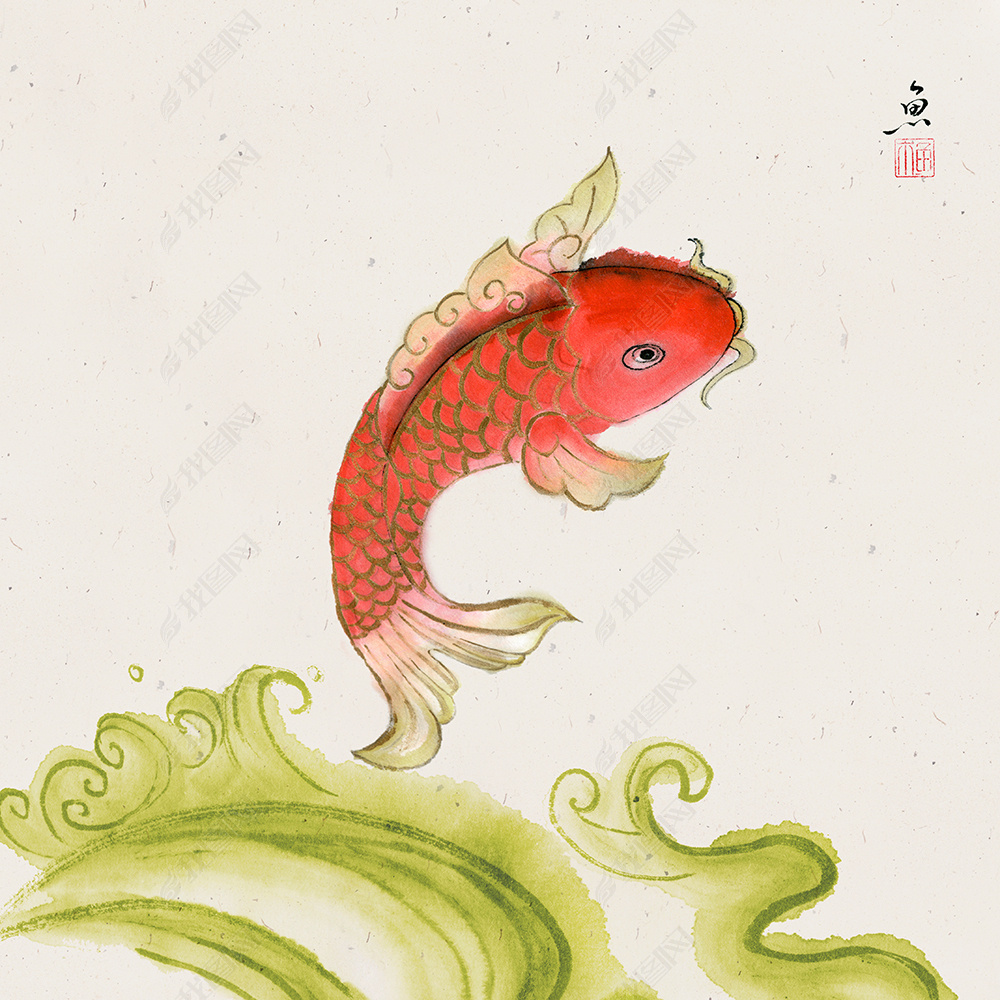 花纹图案-年画系列锦鲤纯手绘新中式鲤鱼跳龙门花纹图案家居数码图案