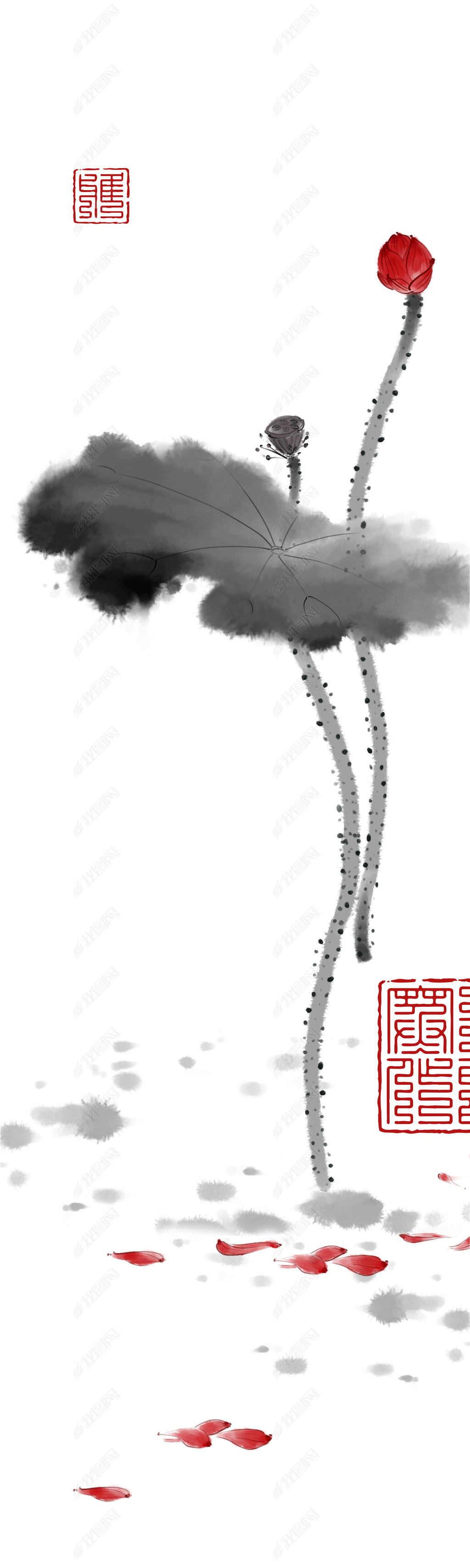 原创花纹图案-中国风手绘黑白枯荷年年有鱼国画新式组合画花纹图案