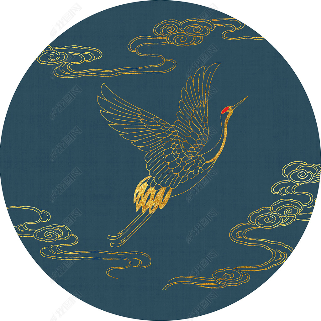 原创花纹图案新中式禅意金色线描祥云仙鹤花纹图案家居数码图案版权可