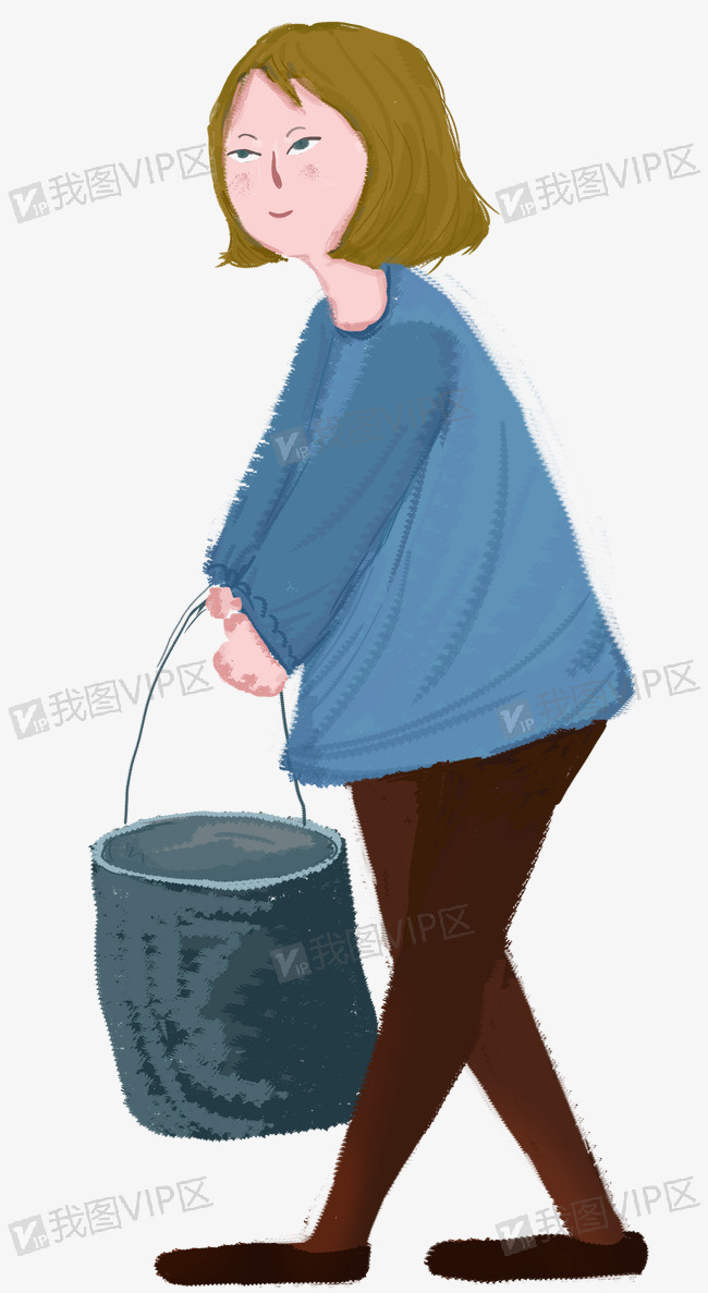 手绘卡通提着一桶水的女孩