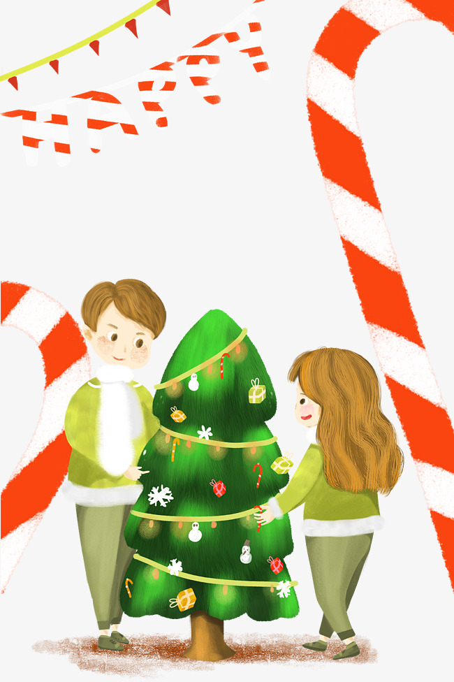 圣诞节手绘情侣布置圣诞树手绘免抠图