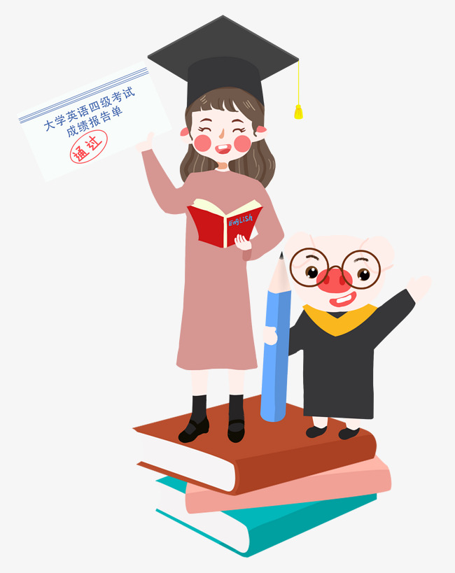 考试卡通手绘通过英语考试的女同学和小猪