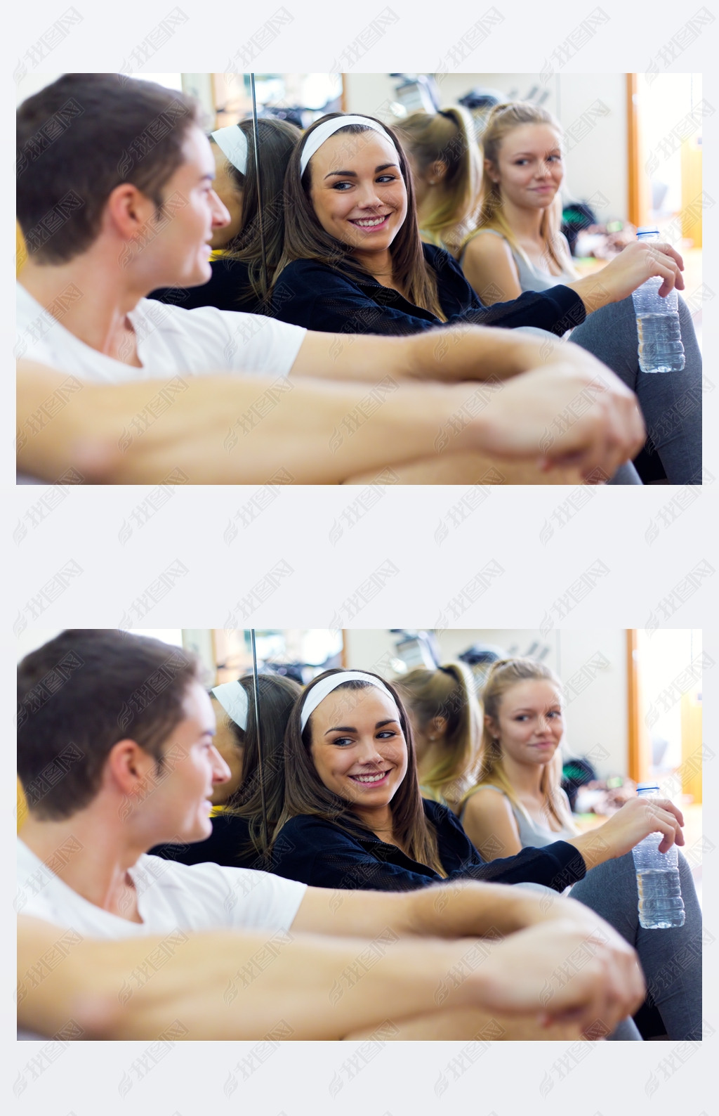 Young people resting after class in the gym. 