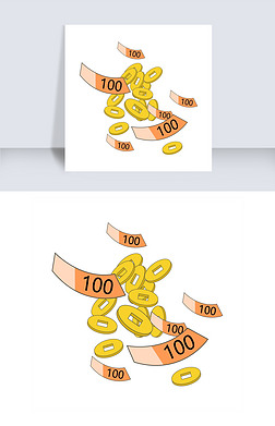 百元大钞免抠元素|手绘金币人民币插画