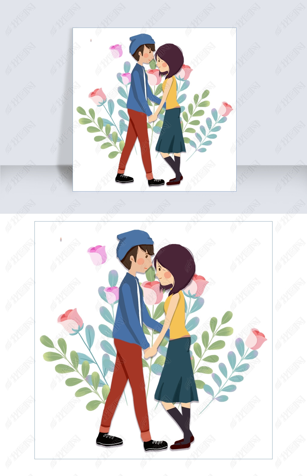 原创亲吻的情侣手绘插画版权可商用
