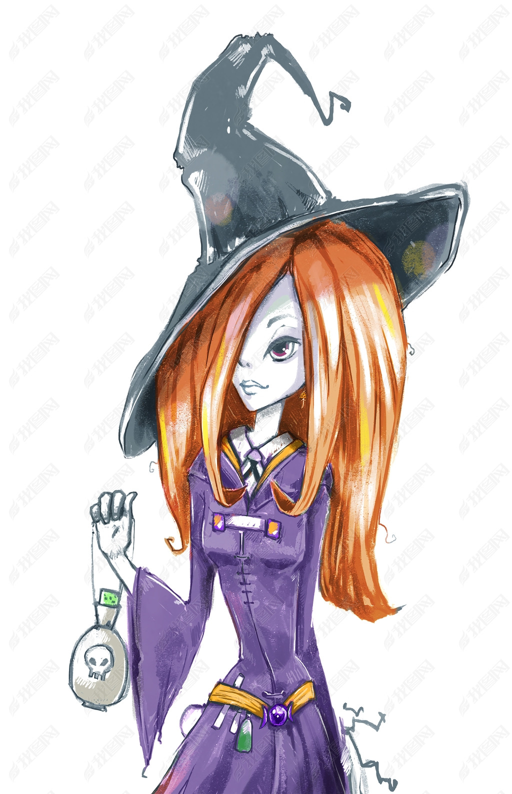 Red-haired witch. Girl in a witch costume with poison in her hands. 