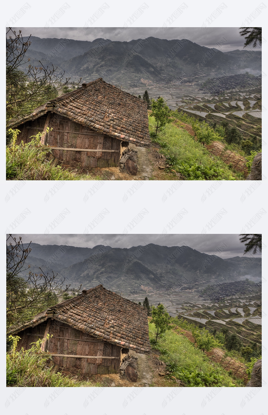 Wooden shed farmers in highlands of China, amid rice fields.