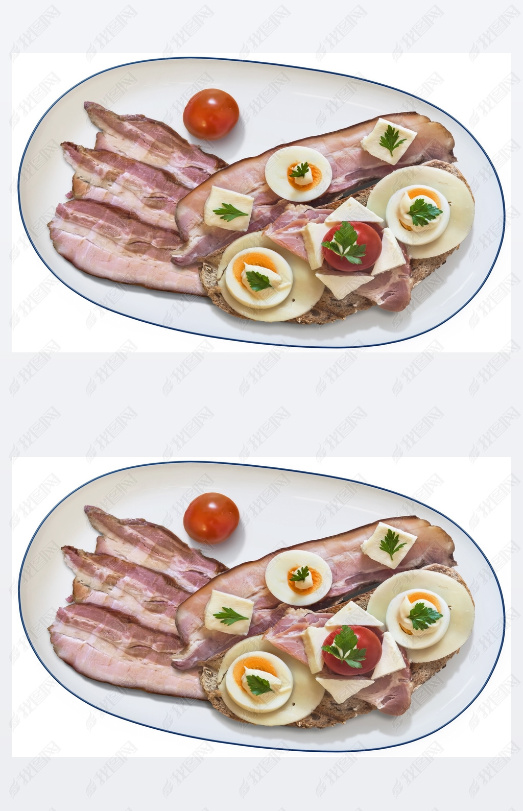Cheese Ham Egg Sandwich with extra Bacon and Cherry Tomato on Platter Isolated on White Background