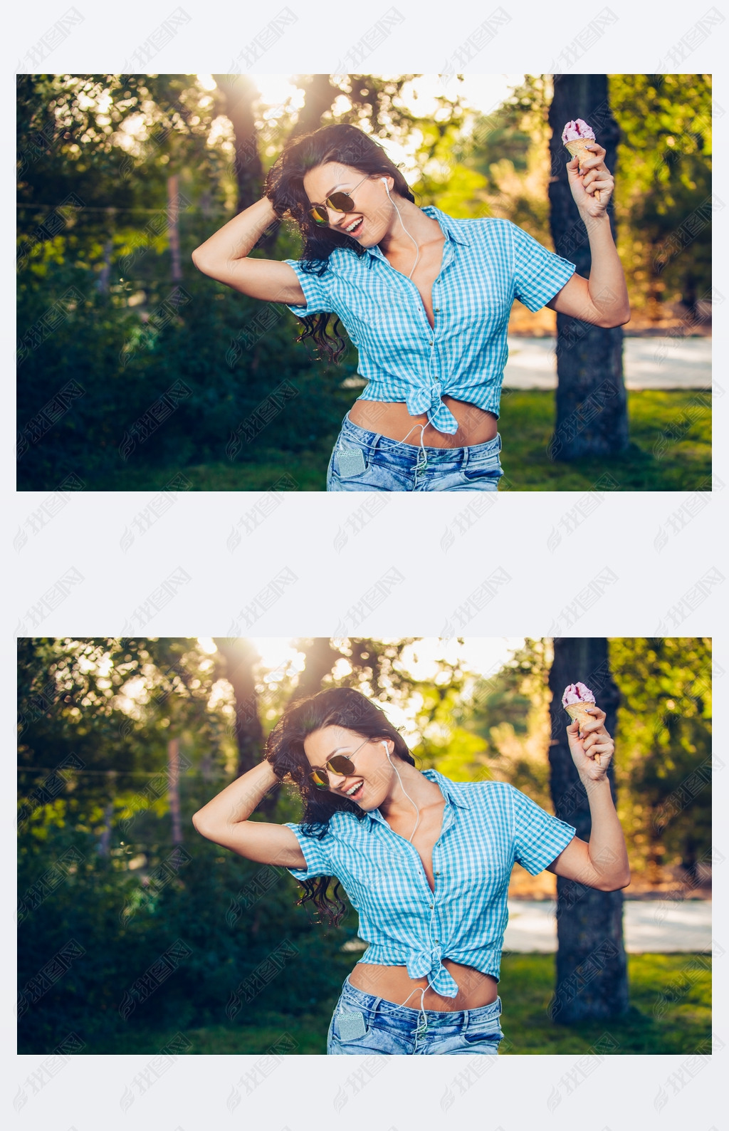 young beautiful short blue hair hipster woman with headphones music in the park. ice cream