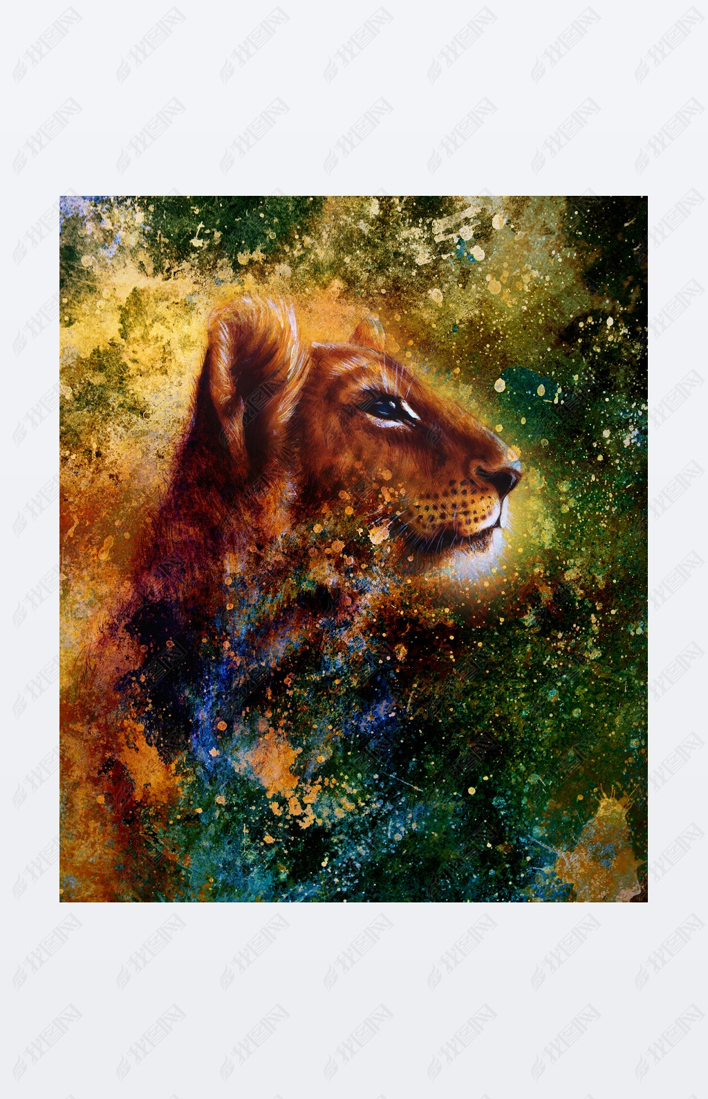 Little lion cub head. animal painting, abstract color background with spots.